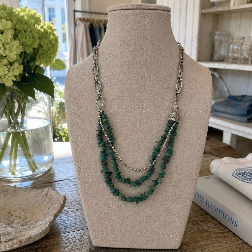 Joan Boyce Crown Necklace Green Faux Jade Triple Strand Silver Tone